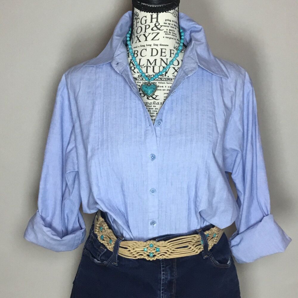 Blue pleat front cotton shirt button down collared back buttons detail Western M